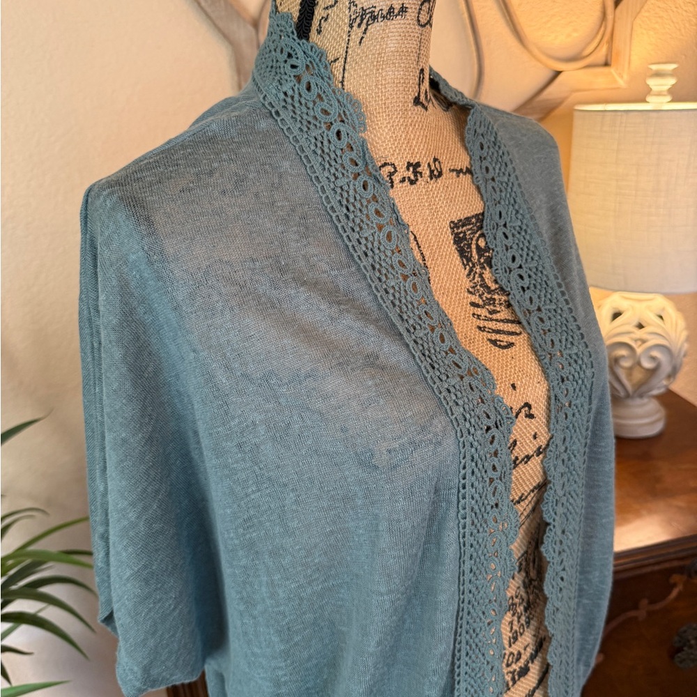 New Pink Republic Sage Green Open-Front Cardigan with Crotched Trim - Picture 3 of 13